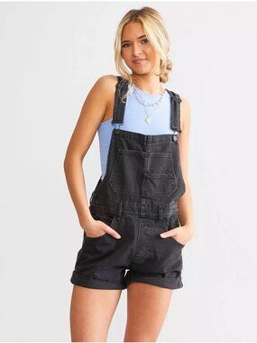 Free People We the Free Ziggy Denim Overall Shorts in Black Size XS 100% Cotton